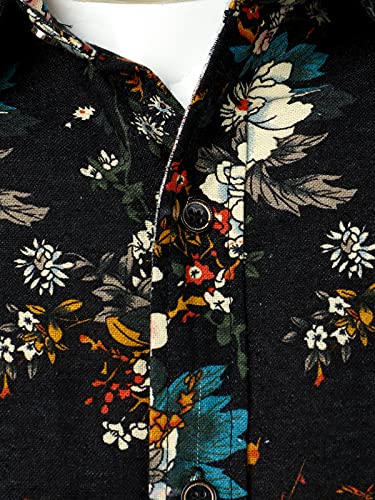 Lucmatton Men's Cotton Linen Stylish Floral Long Sleeve Dress Shirt Casual Flower Printed Button Up Slim Fit Shirt Black White X-Large #TOP3