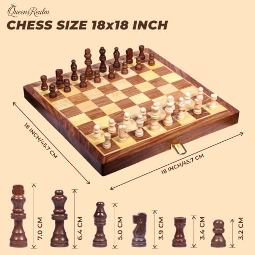 Image of QueensRealm 18 Inch Wooden Handmade Magnetic Chess Board Set with Magnetic Pieces | Premium Foldable Chessboard for Kids and Adults Ideal for Indoor Outdoor Chess Set (18 x 18 Inches Wooden)