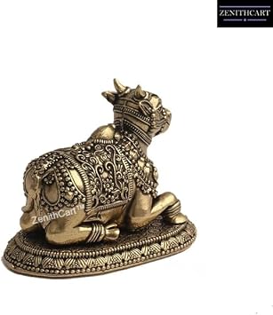 Premium Brass Nandi Statue | Small Size Beautifully Crafted Gate Keeper of Shiva N Parvati Idol | Shiv Sewak Holy Cow Bull Figurine | 2 inch