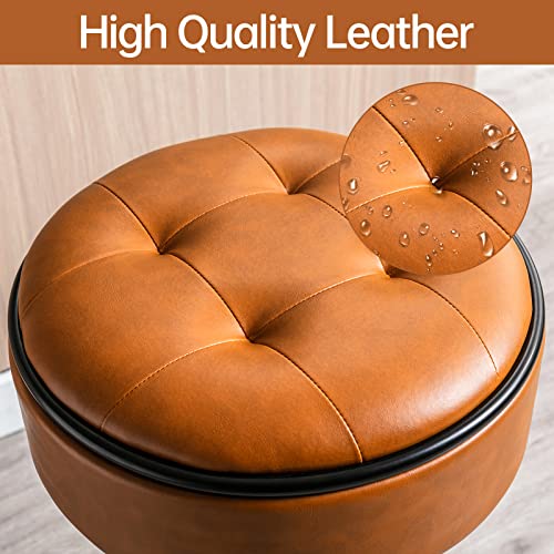 Round Storage Bar Stool, Whiskey Brown Faux Leather Height Adjustable Barstool, 360°Counter Height Swivel Stool, Armless Bar Chair With Metal Frame For Kitchen Counter Dining Living Room #TOP5