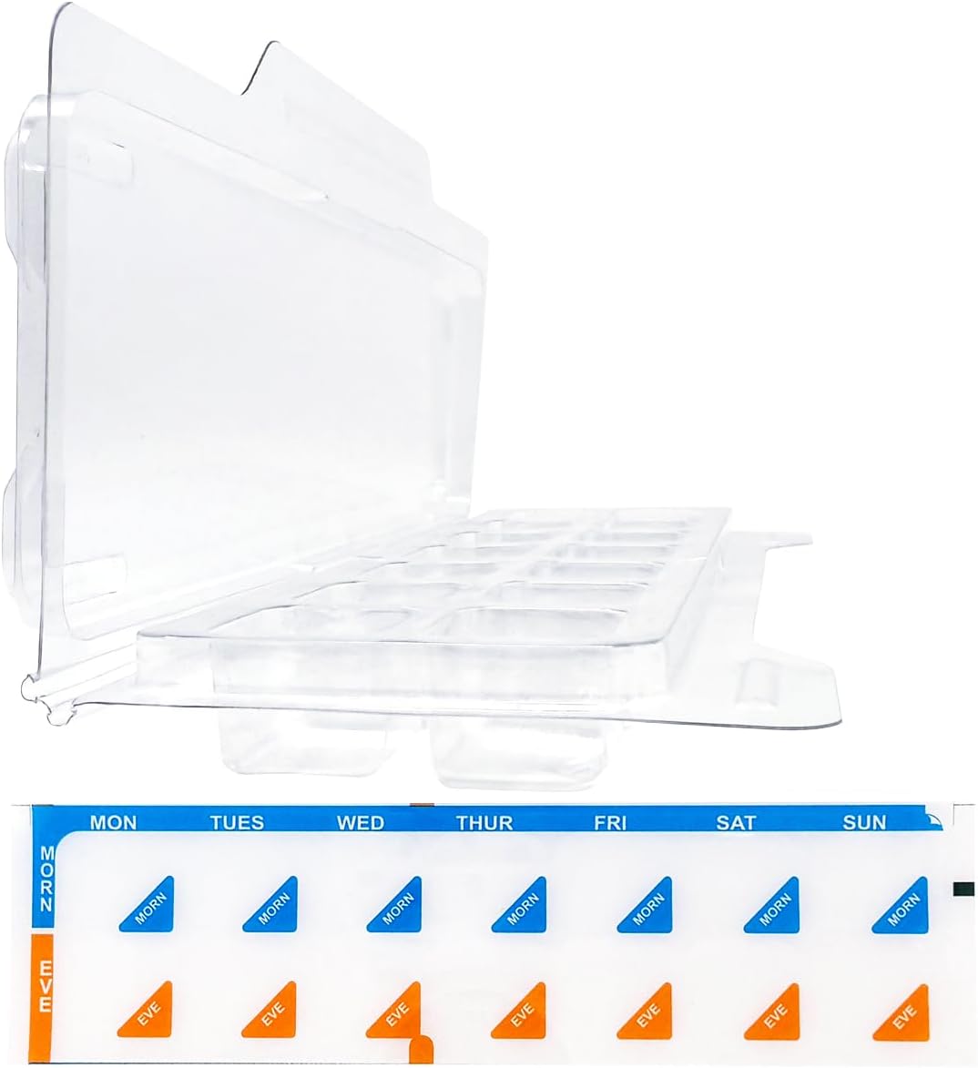 Weekly 2X 4X a Day Medication Pharmacy Pill Blister Case Trays Pack with Self Adhesive Seal Label (2X a Day Weekly, 5 Pack)