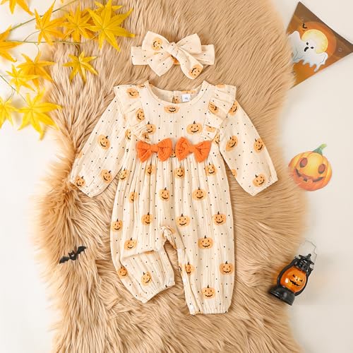 Newborn Baby Girl Halloween Clothes Puff Sleeve Cotton Linen Ruffle Pumpkin Print Jumpsuit Fall One Piece Outfits2