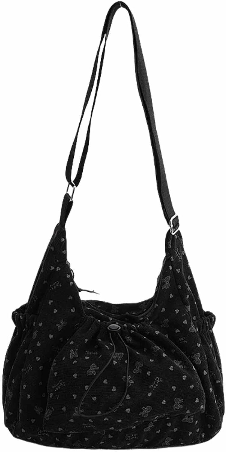 Women's Soft Cute Drawstring Crossbody Tote Bag, Lightweight Durable Nylon Hobo Shoulder Purse with Heart Butterfly Pattern Print, Adjustable Wide Strap Casual Bag for Daily Commute Work Travel Outing