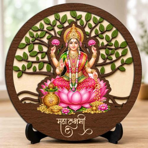 Image of Lakshmi Ji Wooden Murti for Home Mandir, Prayer Room, Table Top Decor & Spiritual Gifting - 5x5 Inch