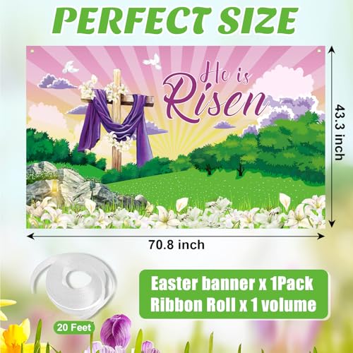 Image of Large He is Risen Easter Banner Decorations Flag Outdoor 72x44 Inch, Cross Sign Christian Jesus Lily Flowers Banner for Indoor Home House Decor Party Supplies, Spring Yard Sign Background for Photography