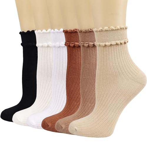 Mcool Mary Women's Ankle Socks, Breathable Cotton Crew Frilly Socks with Cute Scalloped Edges 6 Pairs