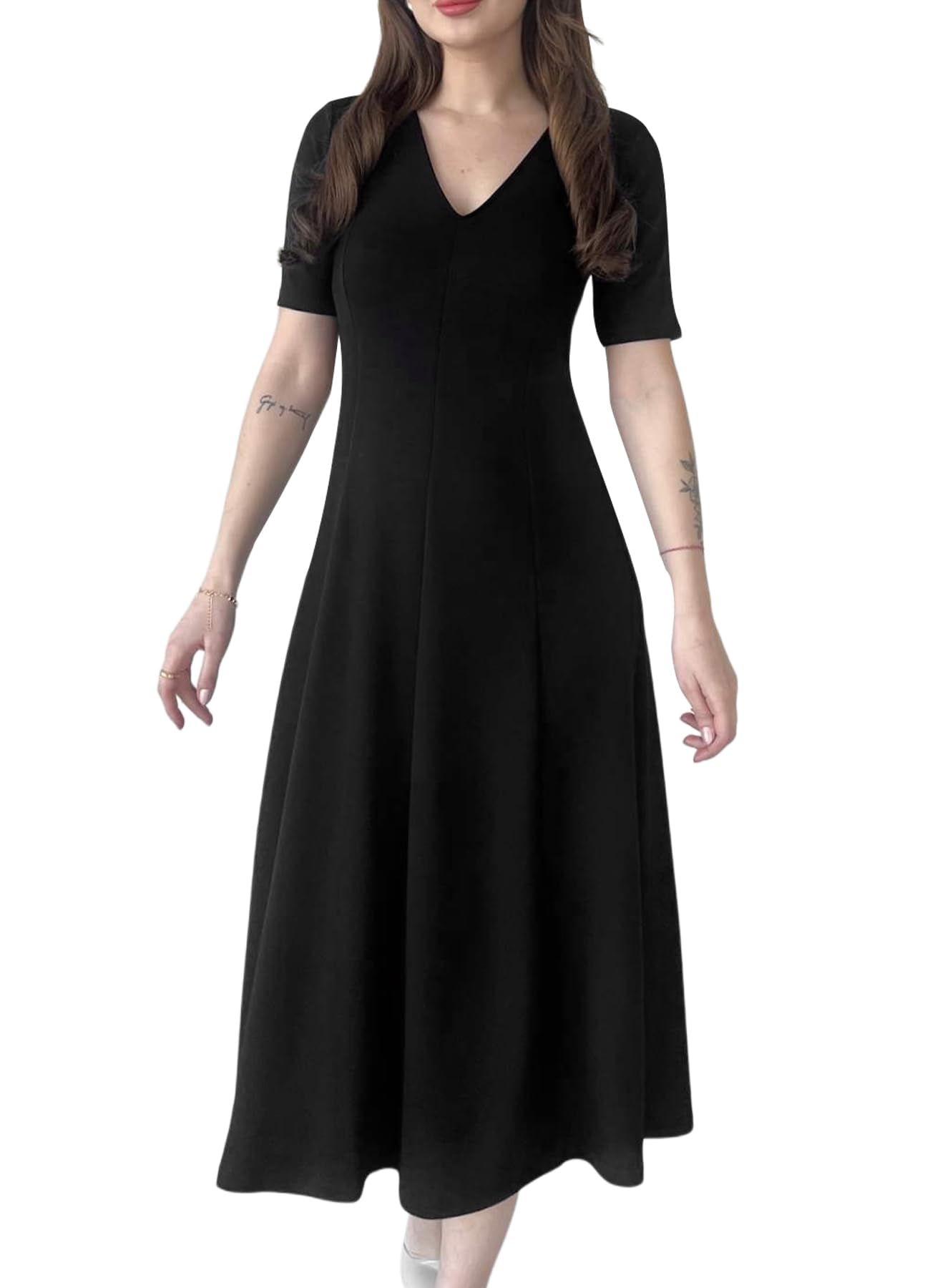 Womens Elegant V-Neck Midi Dress Short Sleeve Fit and Flare A-Line Business Work Dresses