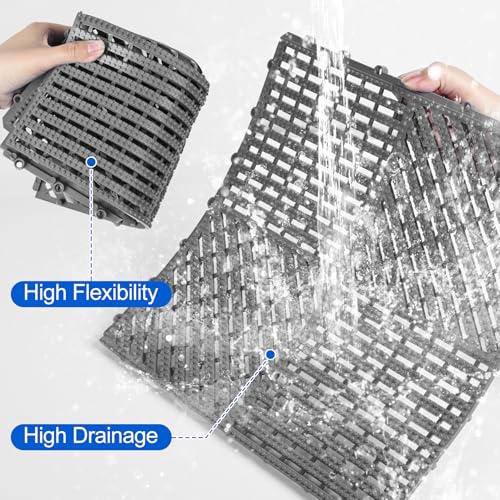 Image of ToLanbbt Modular Interlocking Cushion 12P 11.8 inch x 11.8 inch Interlocking Rubber Floor Drain Holes Non-Slip Splicing Drainage Mats for Deck, Shower, Kitchen, Drain Pool, Sauna Bath (Dark Grey, 2 Rows Dots)