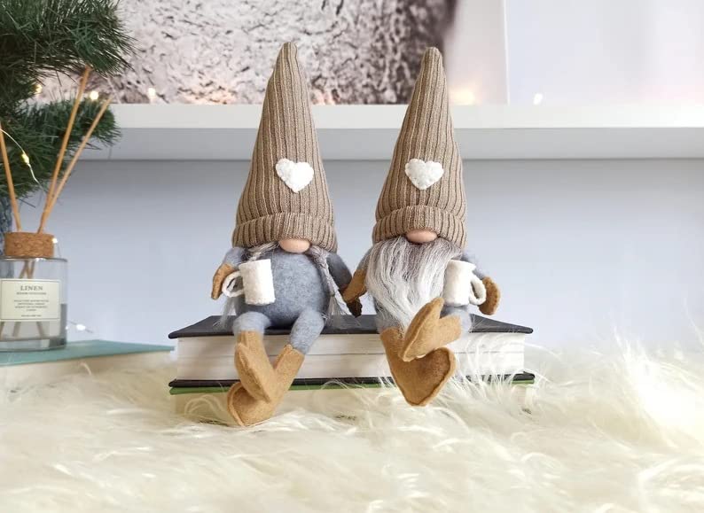 GGEROU Christmas Faceless Gnome Santa Ornaments Set of 2,Christmas Faceless Plush Doll Hanging Leg Hand Grind Coffee,Swedish Handmade Plush Gnomes Santa Elf Table Ornaments,Home Decorations (Brown)