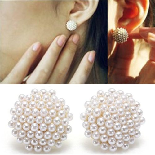 Fashion Lady Women Charm Cute Pearl Alloy Cluster Round Balls Studs Earrings