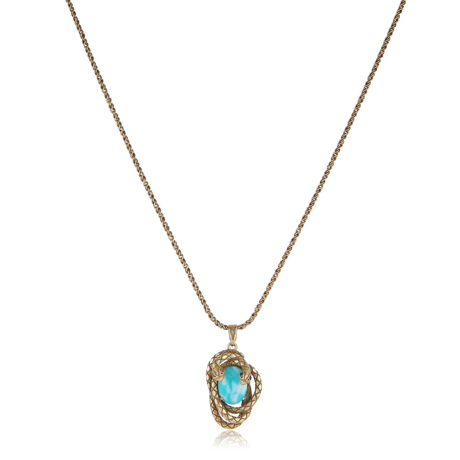 HZMAN Snake Serpent Pendant Necklace for Women, with Inlaid Natural Turquoise Stone, Adjustable Retro Brass Chain, Handmade Vintage Jewelry Gift