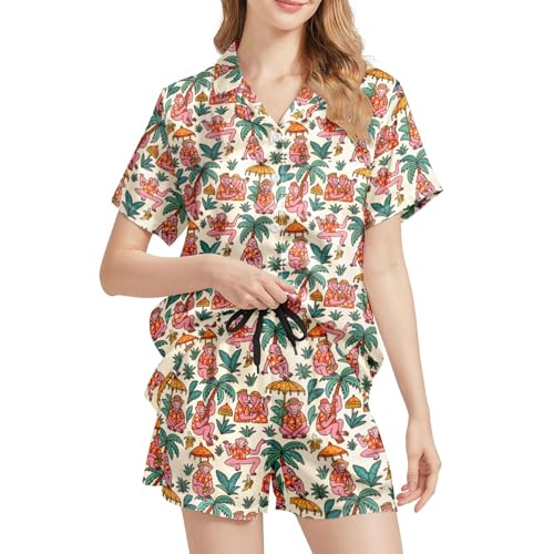 Image of Funny Pajamas for Women Set Print Satin Loungewear Pjs Short Sleeve Button Down Top and Shorts Sets Sleepwear XS-3XL