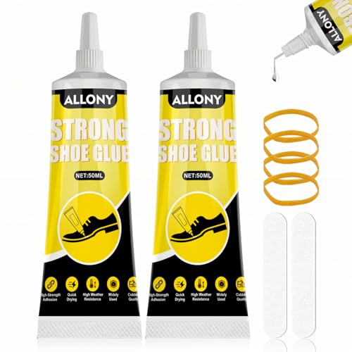 Allony Pegamento Zapatos Extrafuerte, Pegamento Suela Zapatos con 4 Bandas Elásticas, 2 Discos de Pulido, Cola Zapatero Profesional, Pegamento Calzado para Zapatillas, Transparente, 50ml*2
