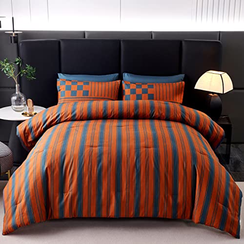 Zrnbast Boho Queen Size Comforter Set 7Pc Striped Navy Blue & Burnt Orange, Colorblock Terracotta Striped Bedding Comforter Sets Rust Fluffy Bed In A Bag (Queen, Rusty-Navy) #TOP11