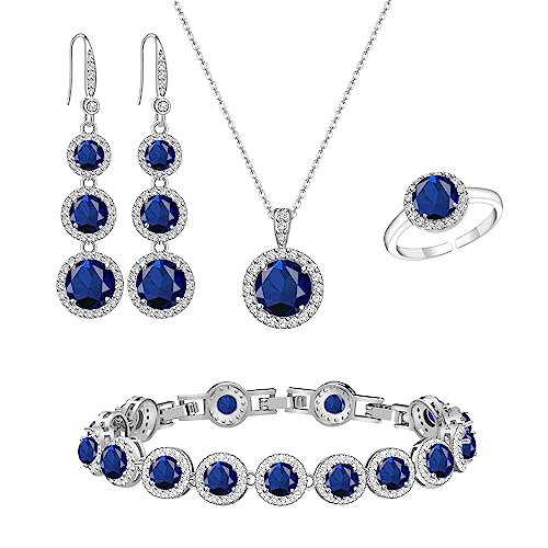LMXXVJ Royal Blue Created Sapphire Formal Jewelry Set for Women,Platinum Plated Necklace Adjustable Ring Earrings Tennis Bracelet Costume Jewelry Set Fashion Gifts for Mom/Wife/Best Friend/Bridal/Bridesmaid
