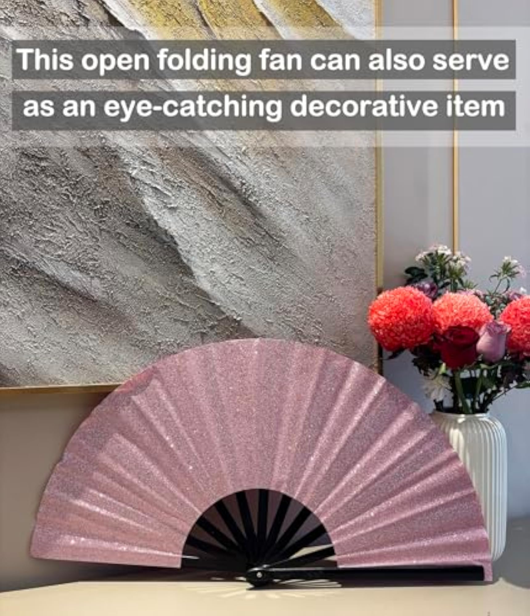 Large Folding Clacking Hand Fan, Pink Glitter Design