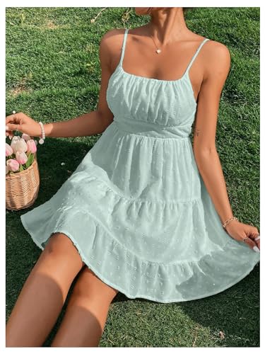 Image of Floerns Women's Swiss Dots Sleeveless Ruched Bust Ruffle Hem Cami Short Dress