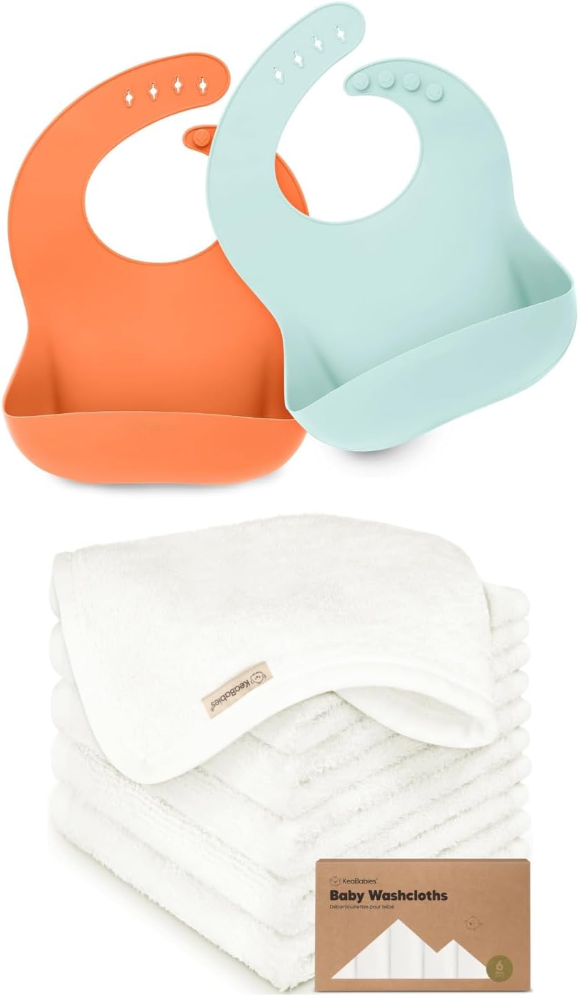 KeaBabies 2-Pack Baby Silicone Bibs and Baby Washcloths for Newborn, Kids - Waterproof, Easy Wipe Silicone Bib for Babies, Toddlers - Bath Baby Towels, Face Towel, Face Cloths