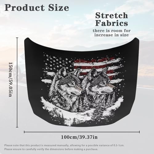 Image of American Flag Gray Wolf Print Car Hood Cover Stretch Polyester Protector for Car Hood Snowproof Automotive Accessories for Most Auto Sedans Trucks Pickup SUVs