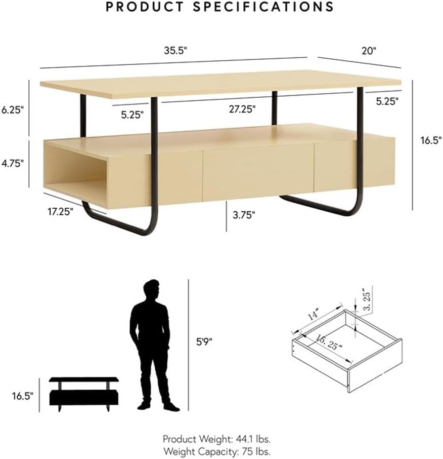BOWERY HILL Contemporary Multi-Storage Coffee Table, 35.5" L x 20" W x 16.5" H, MDF Light Maple Finish, Black Metal Legs, Drawer, Shelves & Compartments, Modern Living Room Furniture for Everyday Use