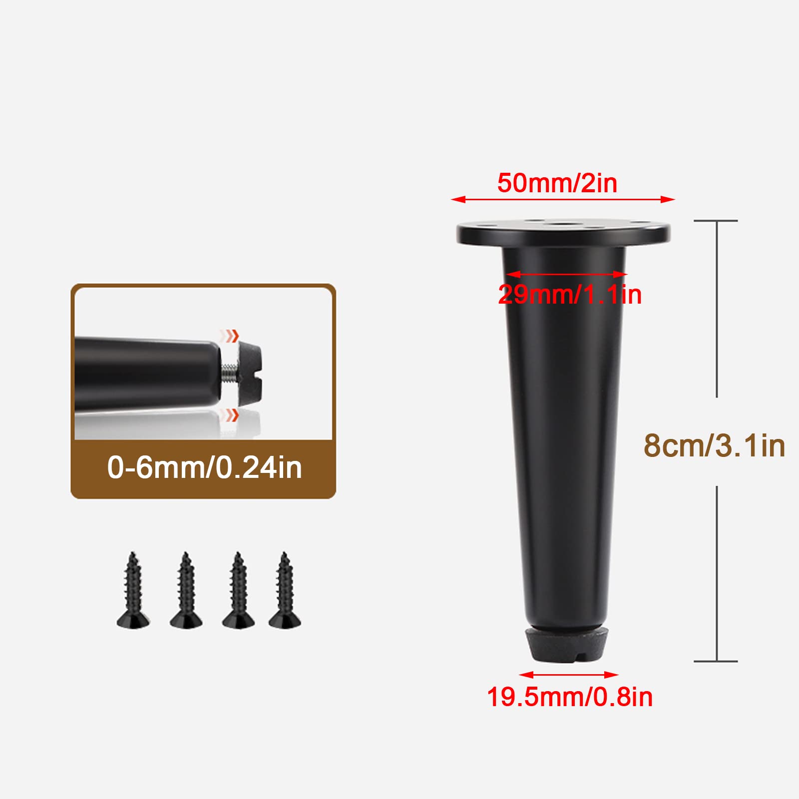 Regulowane mosiężne nogi meblowe do szafek, stolików kawowych i sof, 4 szt. (8 cm) w kolorze czarnym pasują do łóżka/łazienki / szafek telewizyjnych ze śrubami 0 6 mm regulacja wysokości