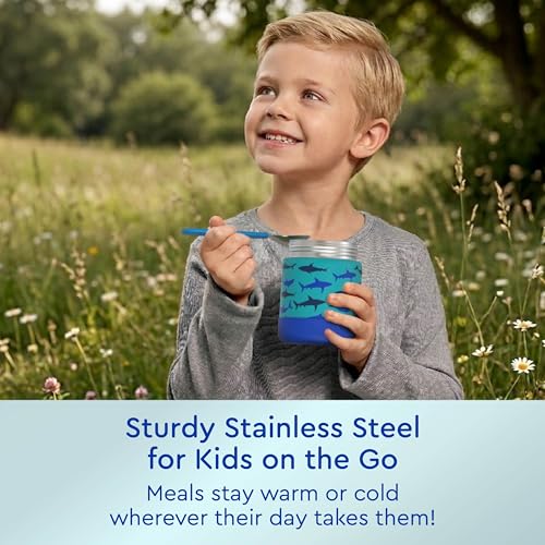 Image of Bentgo Kids Stainless Steel Leak-Proof Food Jar for Hot or Cold Food | 11 fl oz Double Insulated Container with Removable Silicone Bumper, Dishwasher Safe, Easy Open Lid, Ages 3+ (Sharks)