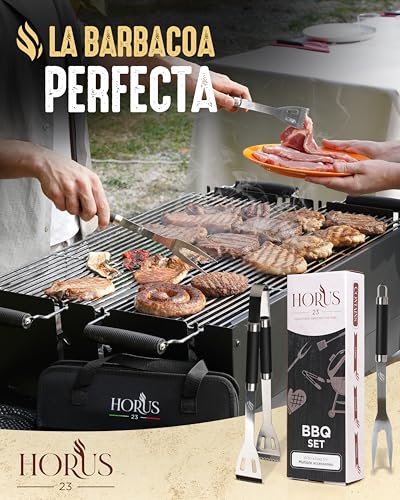 HORUS 23 Kit Barbacoa Hombre Regalo – Set de 4 Utensilios en Acero INOX con Bolsa Porta Herramientas: Pinzas, Espátula, Tenedor y Guantes Barbacoa - imagen 8