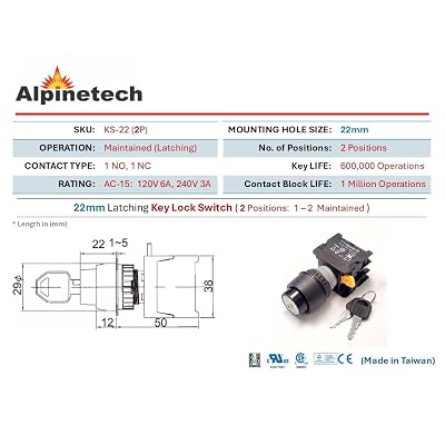 Alpinetech KS-22 22mm Key Lock Selector Switches Maintained (KS-22-2P)