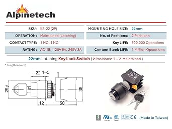 Alpinetech KS-22 22mm Key Lock Selector Switches Maintained (KS-22-2P)