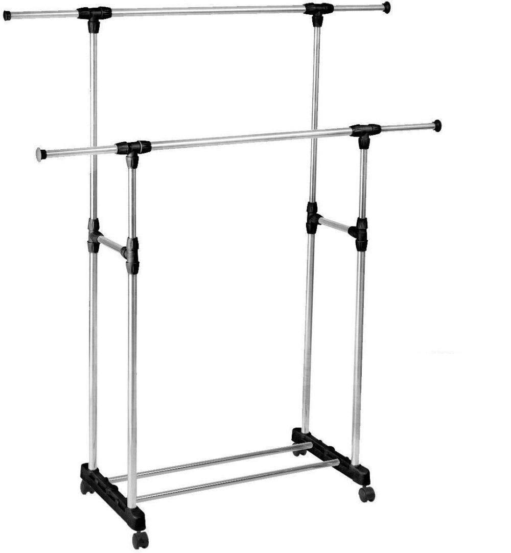 ECVV Portable Clothes Rack Hanger Extendable Rolling Double pole Silver