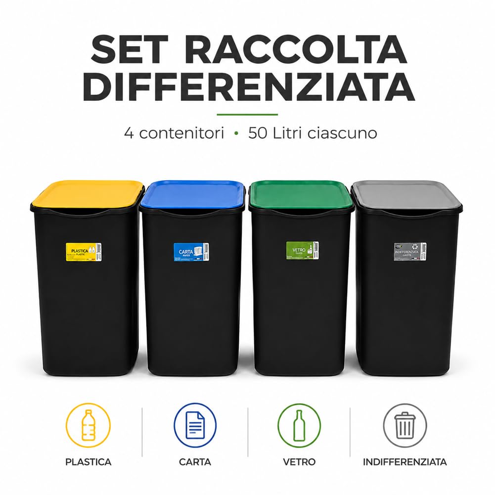 BAKAJI Set 4 Pattumiere per Raccolta Differenziata, Bidoni Spazzatura da 50 Litri con Coperchio Colorato Verde, Blu e Giallo, Contenitori Immondizia da Esterno e Interno, 37.5 x 36 x 62 cm