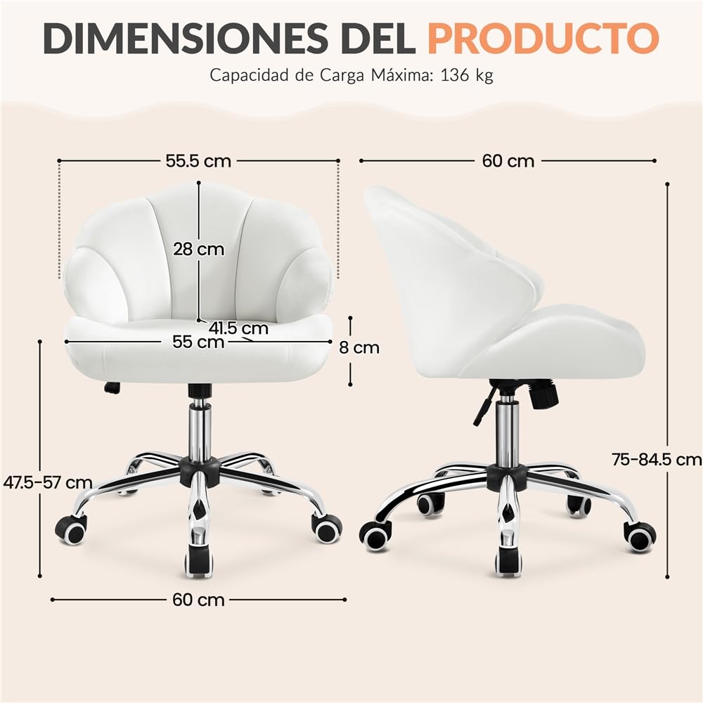 Yaheetech Silla de Oficina Despacho Terciopelo sin Reposabrazo Blanco | Silla de Oficina con Ruedas, Altura Ajustable, Capacidad Max de 136 KG, Silla Tapizada de Terciopelo, Diseño de Flores