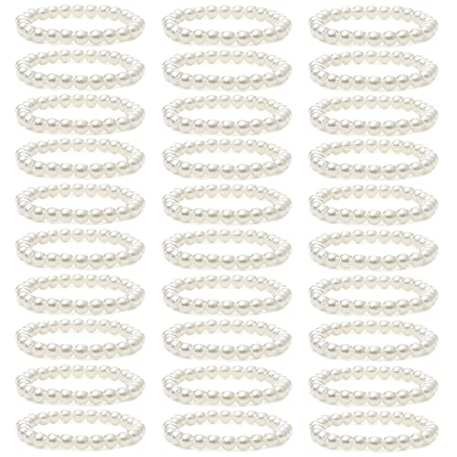 MOZAKA 30 Pieces 6mm/8mm Faux White Pearl Bracelets for Women Stackable Stretch Beaded Bracelets Simulated Pearl Bracelet Set for Bridesmaid Bridal Wedding Party Jewelry