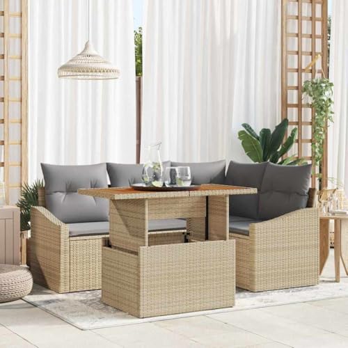 Kaloriko Ensemble mobilier Salon Jardin 5 pcs Beige Gris, canapé modulable en résine tressée et Bois, Coussins Confortables, Table extérieur pour terrasse Balcon...