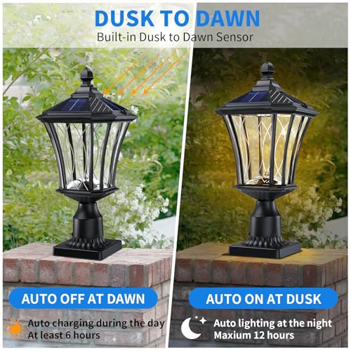 19.6\" Solar Post Lights, Dusk to Dawn Outdoor Post Lights Solar Lamp Post Light, Black Pole Lights Outdoor with Pier Mount Base, Waterproof Outdoor Lamp Post for Yard FrontDoor Pathway Garage, 1 Pack
