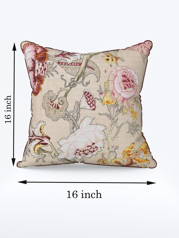 Image of Pure Cotton Quilted Cushion Cover 16x16 Inch | Anokhi Print Decorative Throw Pillow Cover | Soft Cotton Sofa Cushion Cover with Hidden Zipper | Living Room Bedroom Home Decor