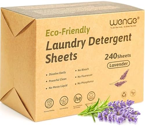 Wenge Laundry Detergent Sheets 240 Sheets Eco-friendly,Travel Laundry Detergent Sheet, Plastic-Free Hypoallergenic Liquidless Washer Sheets for Home Dorm Travel Camping (Lavender Scent)