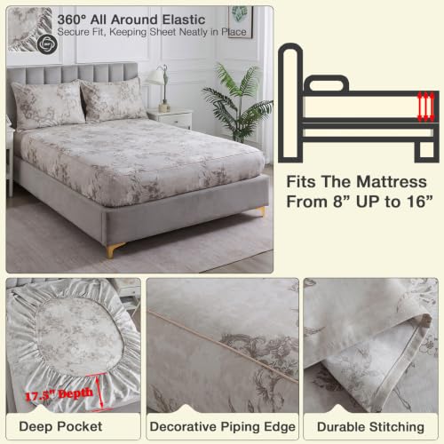 Image of Gray-Beige Boho Floral Percale Sheets California King, Deep Pocket | 100% Cotton Greige Vintage Bed Sheets, Brown Flower Cottage Sheet Set, Shabby Chic Bedding, Neutral Printed, Aesthetic, 4Pcs