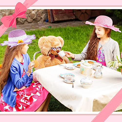 Zhanmai 4 Pcs Girl Tea Party Hats Girls Straw Hat Kids Sun Dress Up Hats For Toddlers With 4 Pcs Pearl Bracelets For Children Costume Birthday Party Supplies Summer Beach Travel, Assorted Styles #TOP3