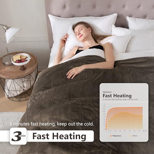 Image of Wapaneus Foot Pocket Heated Blanket Electric Throw with 10 Heating Levels and Auto Shut Off,Flannel Fast-Heating Heated Throw 50 inch x 60 inch,ETL Listed Machine Washable,Dark Brown