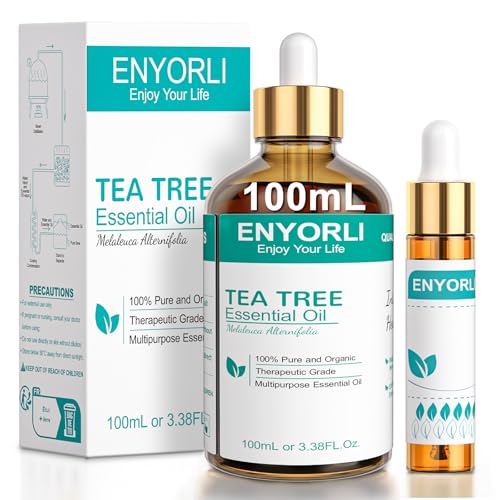ENYORLI Aceite Esencial de Árbol de Té Natural 100ML Aceite para Humidificador Aceite Perfumado con Frasco 10ml y Cuentagotas para Aromaterapia Masaje Difusor Relajación 3.38 Fl. Oz
