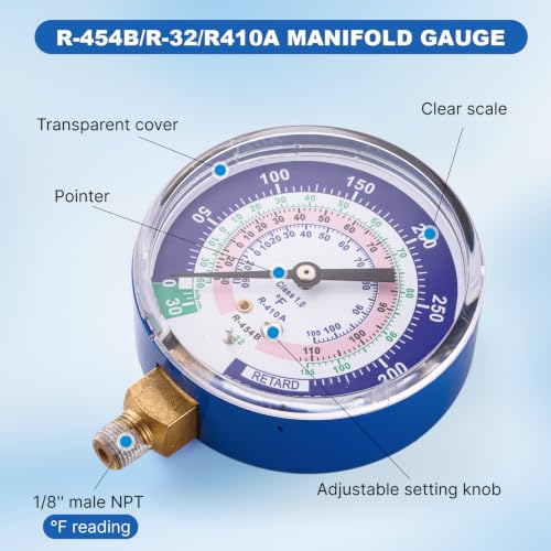Image of A2L Manifold Gauge, R454B Blue Low Pressure Gauge, 1 /8 inch Male NPT (80 mm) Refrigerant Pressure Gauges for R-454B R-32 R410A HVAC System, 500 PSI (Blue)