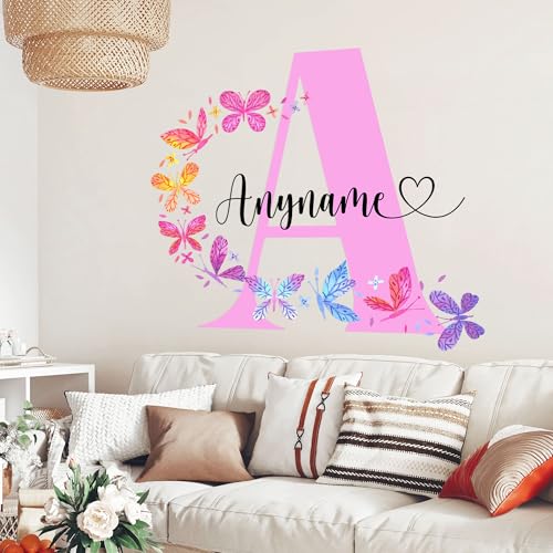 Custom Name Initial Butterfly Flower Sticker Personalized Name Wall Decals - Butterfly Pink Room Decor with Rainbow for Girl Kids Bedroom Waterproof for Wall, Glass, Window, Door, Wedding, Boat, Car