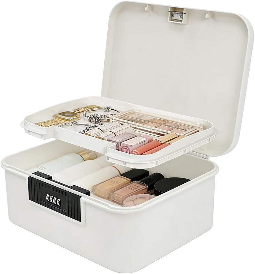 White Lockable Storage Box with Combination Code, Portable Medication Lockable Container, Locked Storage Box Locking Box for Secure Medicine Phone Snacks Safe, 26.2x22x12.1cm