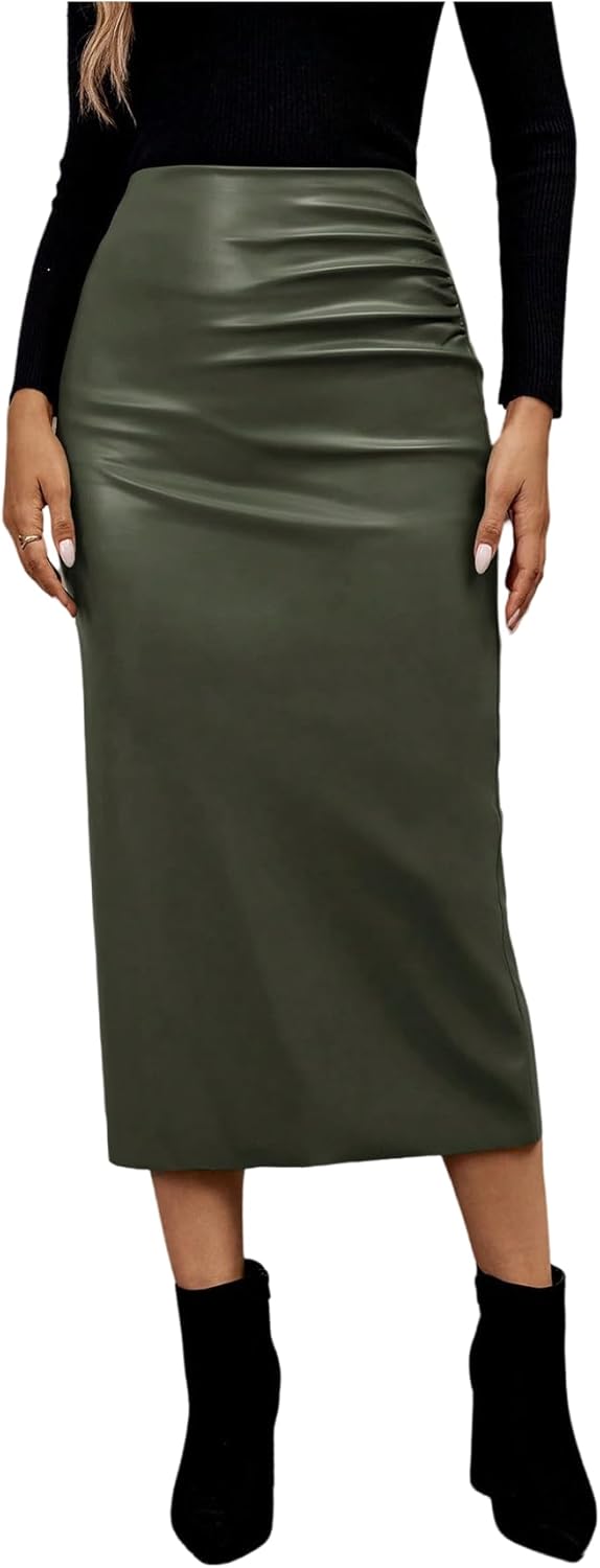 GORGLITTER Women's Casual Fitted Faux Leather Slit Maxi Skirt Ruched Side Elastic High Waist Long Pencil Skirts