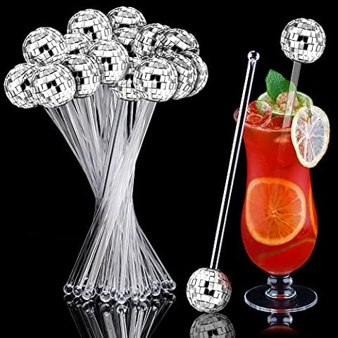 24 Pcs Disco Balls Cocktail Stirrers Plastic Round Top Swizzle Sticks Cake Pops Mirror Ball Coffee Beverage Stirrers for Home Bar Coffee Shop Use Cover