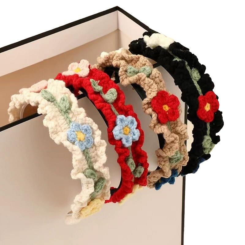 Handmade Headbands for Women, 4 Pack Crochet Headband Women Floral Hairband, Wide Headbands Women Hair Head Bands, Handmade Hair bands Hair Hoop for Women and Girls