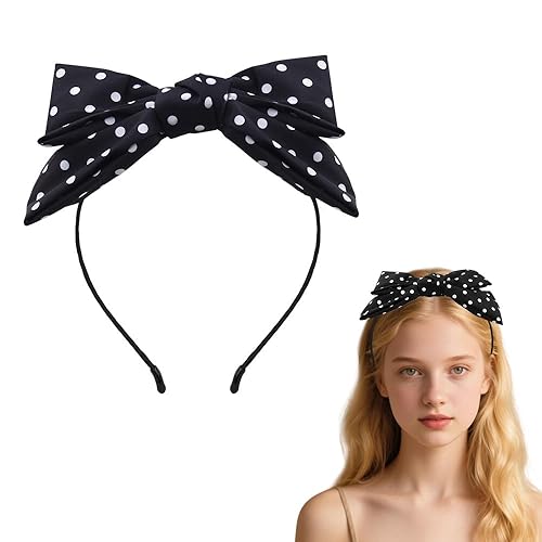 Kilener Black Bow Headband Polka Dot Headbands for Women Girls Big Bowknot Headband Hairbands for Women's Hair Non Slip Polka Dot Bow Headbands Vintage Hair Accessories for Girls Birthday Party - Black