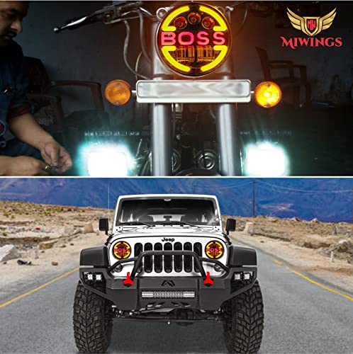 Image of Miwings Round LED Boss Style Hi /Low Beam 75W H4 Headlight Compatible with Royal Enfield, Jeep, Thar, Motorcycle, Cars, Harley Davidson, Amber & White, 7 inch
