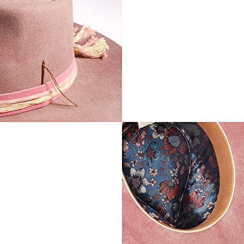 Ruediger Wide Brim Fedora Hats For Men Women 100% Wool Felt Panama Rancher Hat With Lightning Logo Distressed/Burned Handmade Pink #TOP3